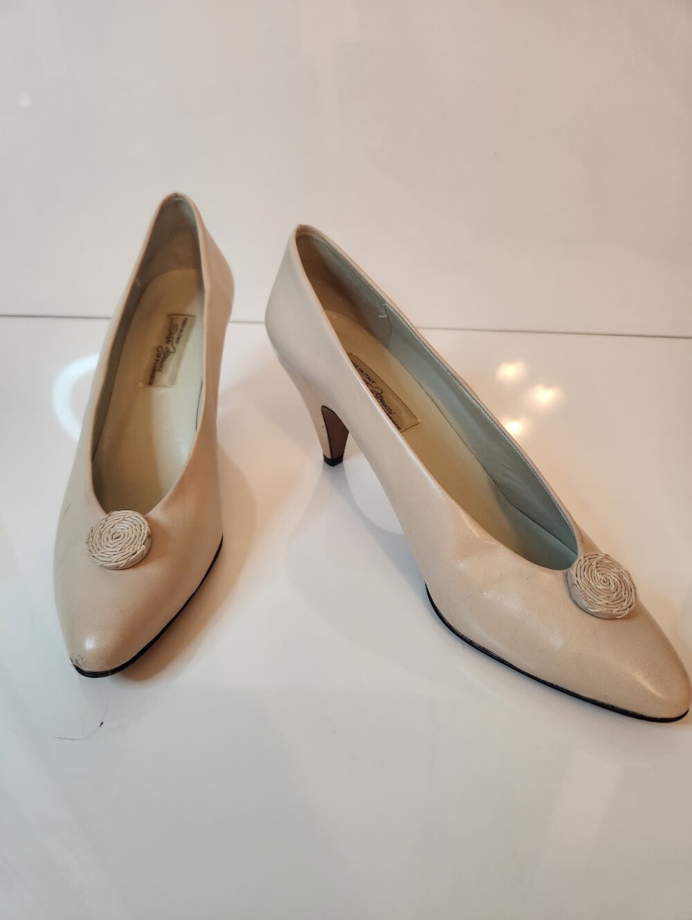 Edwardian Style Nude Leather Pumps, Sesto Maucci Wedding Heels, Size 8 NARROW